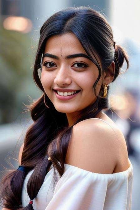 Best quality, masterpiece, ultra high res, (photorealistic:1.4), raw photo, 1girl rashmika  <lora:rashmika_model:0.85>, offshoulder, in the dark, deep shadow, low key, cold light, teasing smile, twintails hair, Tokyo city background, night, close up
