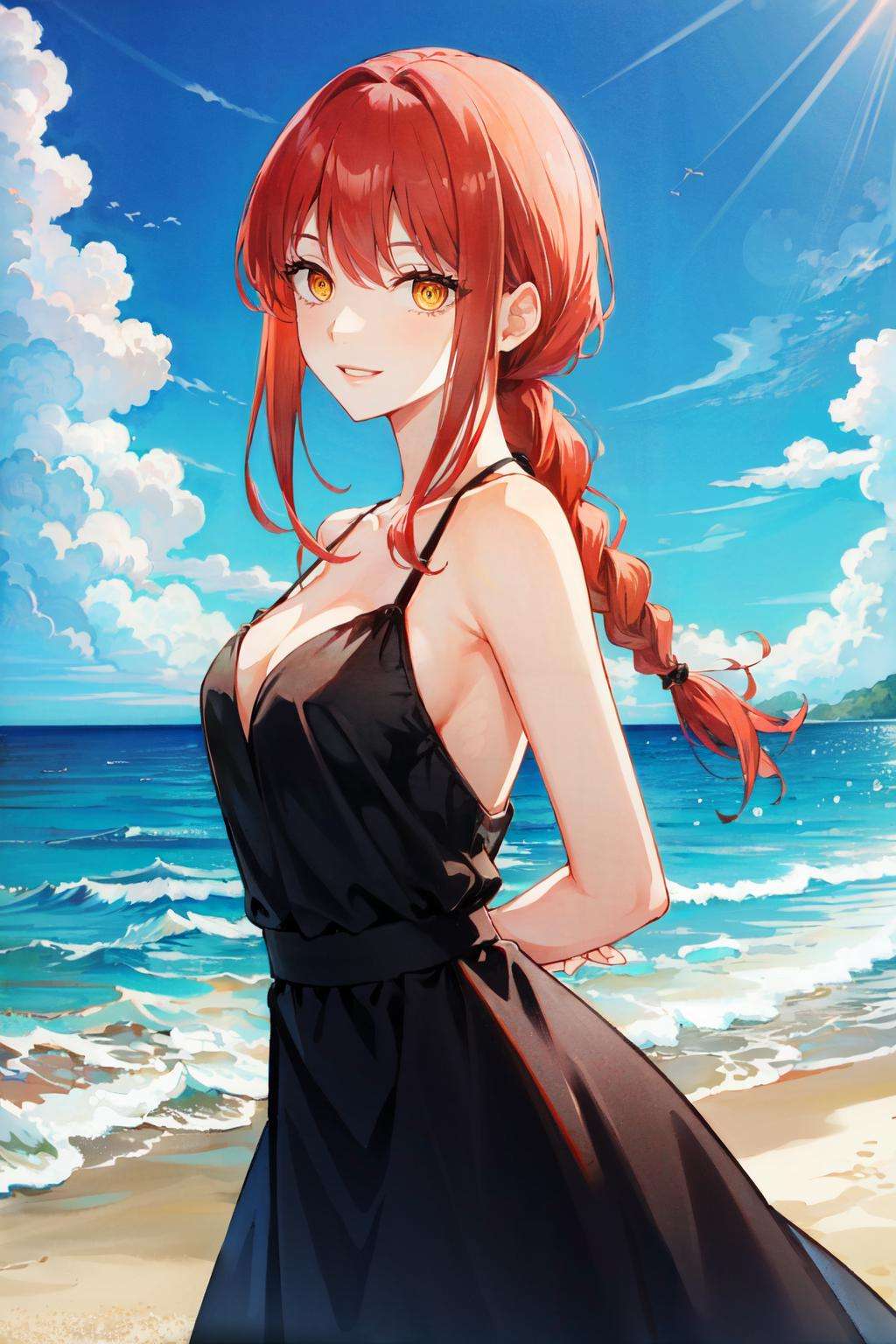 <lora:makima:1>makima\(chainsaw man\), sidelocks, smile, red hair, solo, arms behind back, looking at viewer, cloud, black dress, dress, yellow eyes, 1girl, braided ponytail, medium breasts, ringed eyes, braid, lips, outdoors, beach, waves, ocean