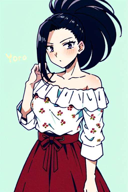 masterpiece, best quality,momo mha, 1girl, yaoyorozu momo, solo, black hair, hair pulled back, looking at viewer, skirt, ponytail, black eyes, simple background, bare shoulders, floral print, collarbone, shirt, blue background, long hair, alternate costume, long sleeves, blush, frills, red skirt, casual, off shoulder <lora:momo_mha:0.8>