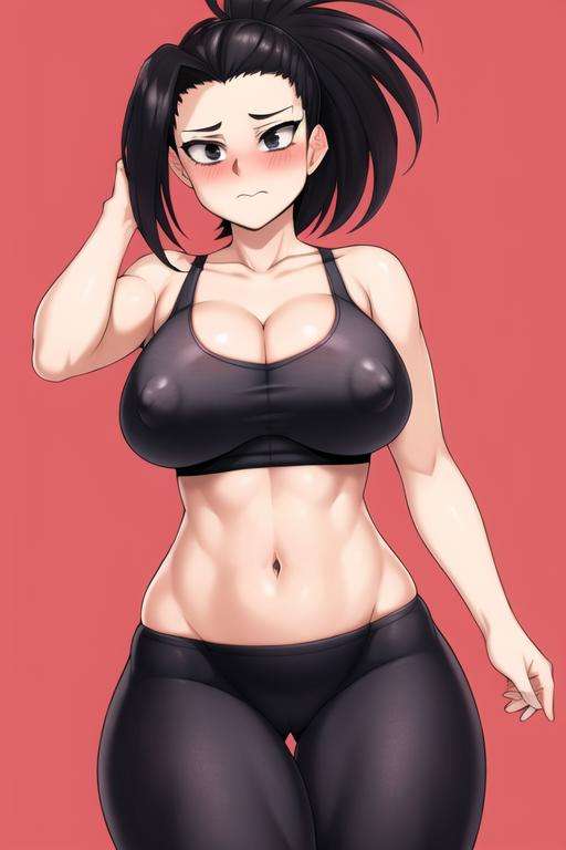 masterpiece, best quality,momo mha, 1girl, yaoyorozu momo, breasts, solo, covered nipples, black hair, navel, blush, looking at viewer, cleavage, hair pulled back, sports bra, black eyes, ponytail,thighs,medium,tound women,breasts,  closed mouth, midriff, bare shoulders, thick thighs, cowboy shot,leggings, gym background,  simple background <lora:momo_mha:0.7>