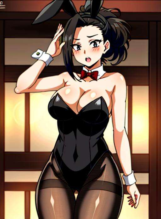 momo yaoyorozu,momo_mha , black hair ,1girl, animal_ears, bangs, bare_shoulders, black_leotard, blush, breasts, brown_legwear, cleavage, collarbone, detached_collar, double_bun, fake_animal_ears, fishnets, hair_between_eyes, hair_bun, hair_ribbon, high_heels, large_breasts, leotard, long_hair, looking_at_viewer, open_mouth, pantyhose, playboy_bunny, rabbit_ears, red_eyes, ribbon, side_bun, silver_hair, solo, strapless, thighs, wrist_cuffs, nixeu_basic <lora:momo_mha:0.7>