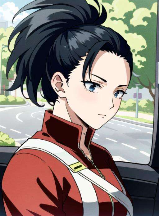 momo yaoyorozu,momo_mha , black hair ,1girl, ponytail,police costume,outdoor , trafic police , road, nixeu_basic <lora:momo_mha:0.7>