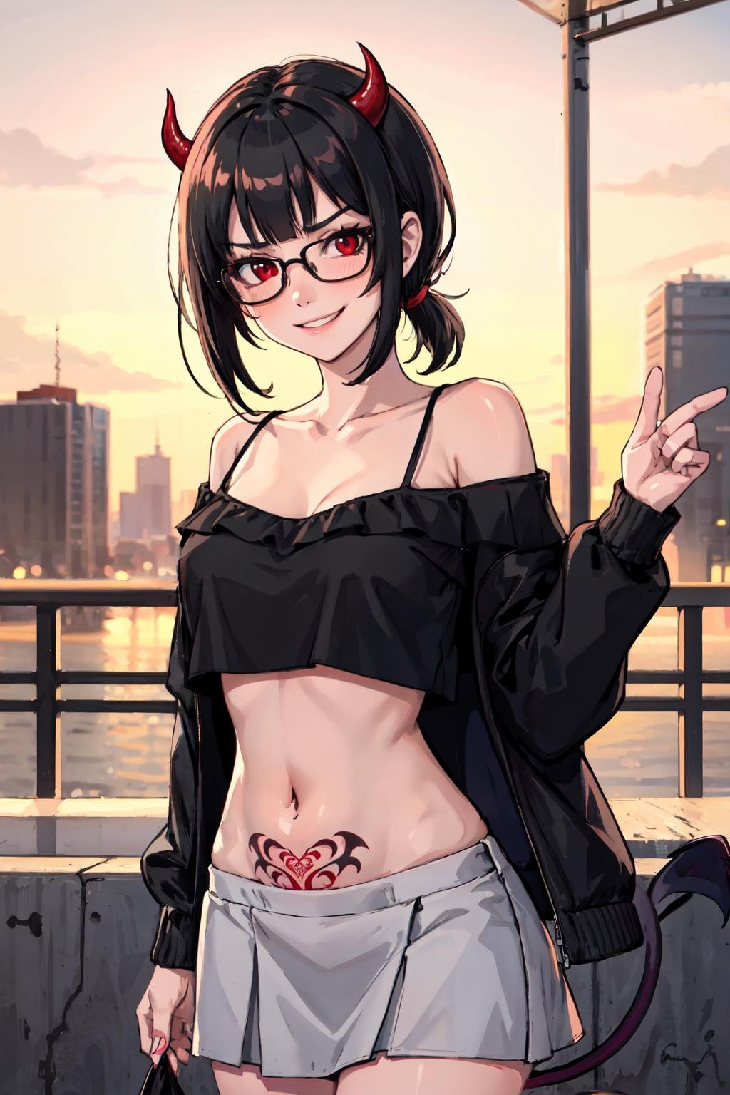 <lora:womb_tattoo:0.8>1girl, bobcut, black hair, red eyes, glasses, looking at viewer, crop top , navel , midriff , off shoulder, spaghetti strap, skirt , cowboy shot, sidelocks, ponytail, very long hair, pubic tattoo, womb tattoo , outdoor , blush , smirk ,evil smile, demon girl, demon horns, demon tail, 