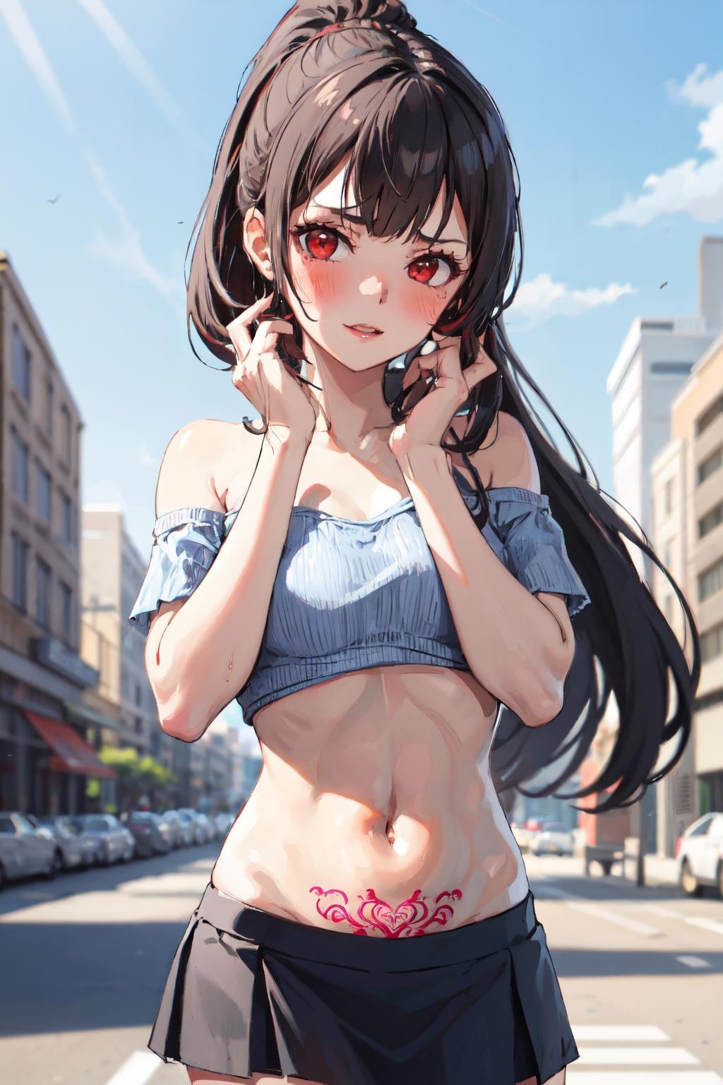 <lora:womb_tattoo:1>1girl, bobcut, black hair, red eyes, glasses, looking at viewer, crop top , navel , midriff , off shoulder, spaghetti strap, skirt , cowboy shot, sidelocks, ponytail, very long hair, pubic tattoo, womb tattoo , outdoor , naughty face, blush , 