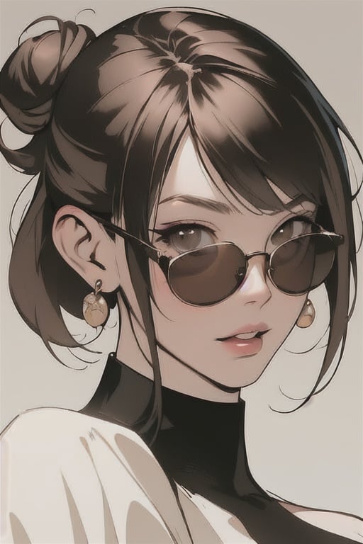 1girl, solo, looking at viewer, short hair, bangs, simple background, jewelry, sidelocks, earrings, parted lips, glasses, hair bun, lips, single hair bun, sunglasses, portrait, round eyewear, tinted eyewear,stylemidjurney,1 gril,1 girl