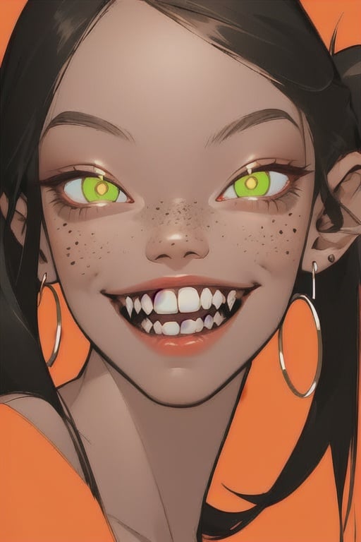 1girl, solo, looking at viewer, smile, open mouth, black hair, jewelry, green eyes, earrings, teeth, dark skin, dark-skinned female, symbol-shaped pupils, glowing, fangs, portrait, close-up, freckles, hoop earrings, orange background,1 gril,1 girl