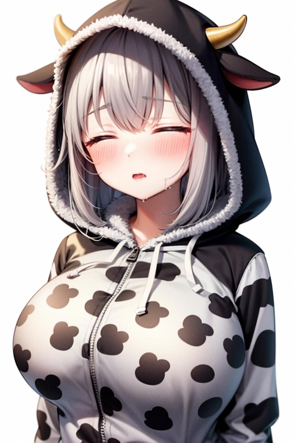 cow print, drooling, upper body, hood, hoodie, blush, parted lips, 1girl, white background, closed eyes, fur trim, hood up, long hair, animal ears, sleeping, grey hair, large breasts, horns, medium hair, fake horns, simple background, solo, animal print, cow horns, cow ears <lora:cowprint:1>