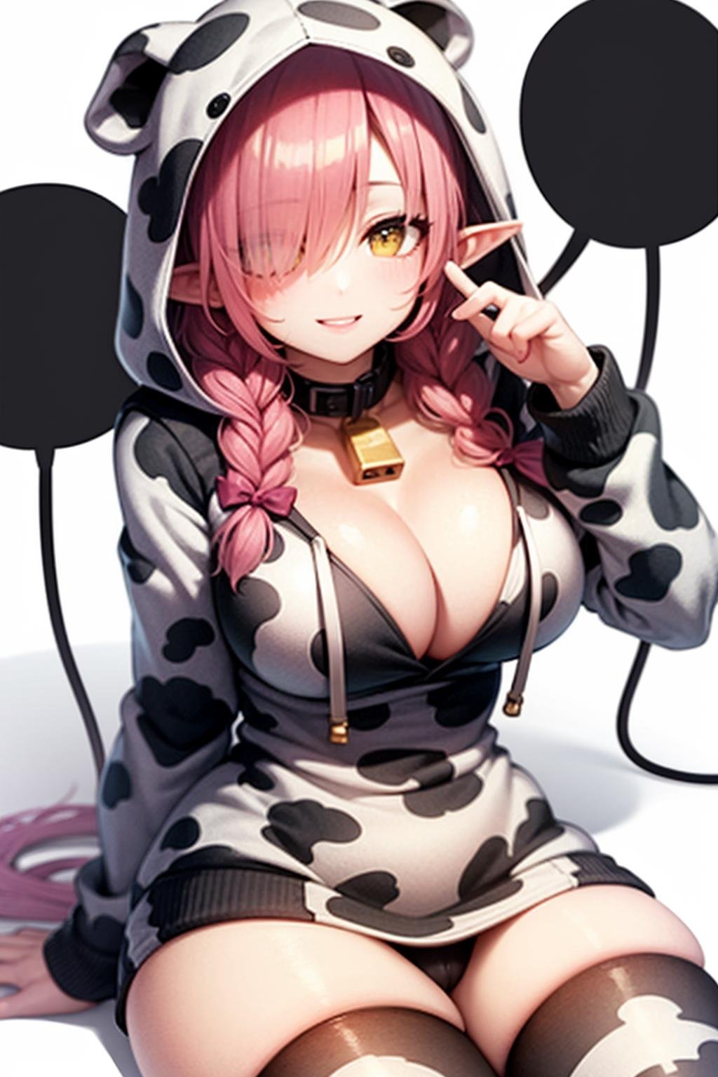 cow print, pink hair, looking at viewer, hood, hoodie, braid, 1girl, white background, smile, cow print hoodie, hair over one eye, thighs, breasts, simple background, solo, hood down, animal print, sitting, yellow eyes, thighhighs,elf <lora:cowprint-10:0.7>