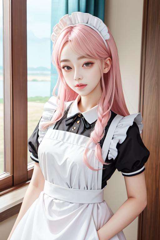 maid_cosplay,  2girl, maid outfit, lesbian, pink hair, pink maid outfit,ultra details , best quality , shiny skin , detailed face, <lora:maid_cosplay:0.8>  ulzzang-6500-v1.1