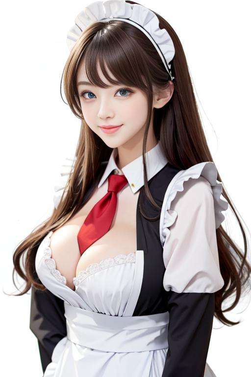 maid_cosplay, solo, simple background, breasts, looking at viewer, long sleeves, 1girl, maid headdress, bangs, long hair, maid, frills, blue eyes, large breasts, red necktie, smile, necktie, own hands together, brown hair, dress, white background<lora:maid_cosplay:0.8>  ulzzang-6500-v1.1
