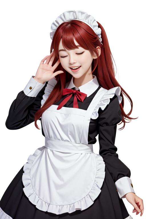 maid_cosplay, ;d, solo, enmaided, simple background, looking at viewer, long sleeves, 1girl, green eyes, maid headdress, bangs, apron, long hair, maid, one side up, smile, red hair, one eye closed, open mouth, maid apron, white apron, white background<lora:maid_cosplay:0.8>  ulzzang-6500-v1.1