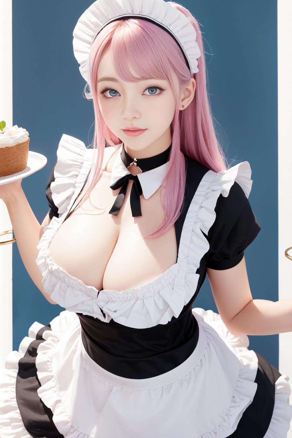 maid_cosplay, choker, solo, tray, simple background, breasts, collarbone, looking at viewer, puffy short sleeves, short hair, puffy sleeves, short sleeves, 1girl, maid headdress, bangs, apron, wrist cuffs, maid, frills, blue eyes, pink hair, large breasts, black choker, pink background, holding, smile, dress, holding tray, open mouth, cleavage, maid apron, pantyhose<lora:maid_cosplay:0.8>  ulzzang-6500-v1.1