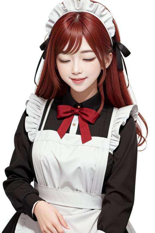 maid_cosplay, ;d, solo, enmaided, simple background, looking at viewer, long sleeves, 1girl, green eyes, maid headdress, bangs, apron, long hair, maid, one side up, smile, red hair, one eye closed, open mouth, maid apron, white apron, white background<lora:maid_cosplay:0.8>  ulzzang-6500-v1.1