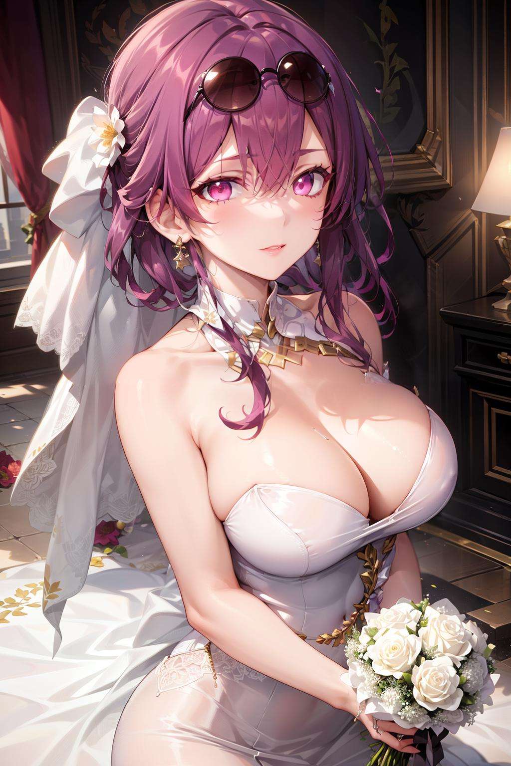 <lora:kafka-v2:0.7>kafka(hsr), 1girl, purple hair, pink eyes, sunglasses, hair between eyes, eyewear on head, (dress, white dress, golden ornament, dress ornaments, wedding dress, holding, holding flowers,cleavage , flowers):1.3