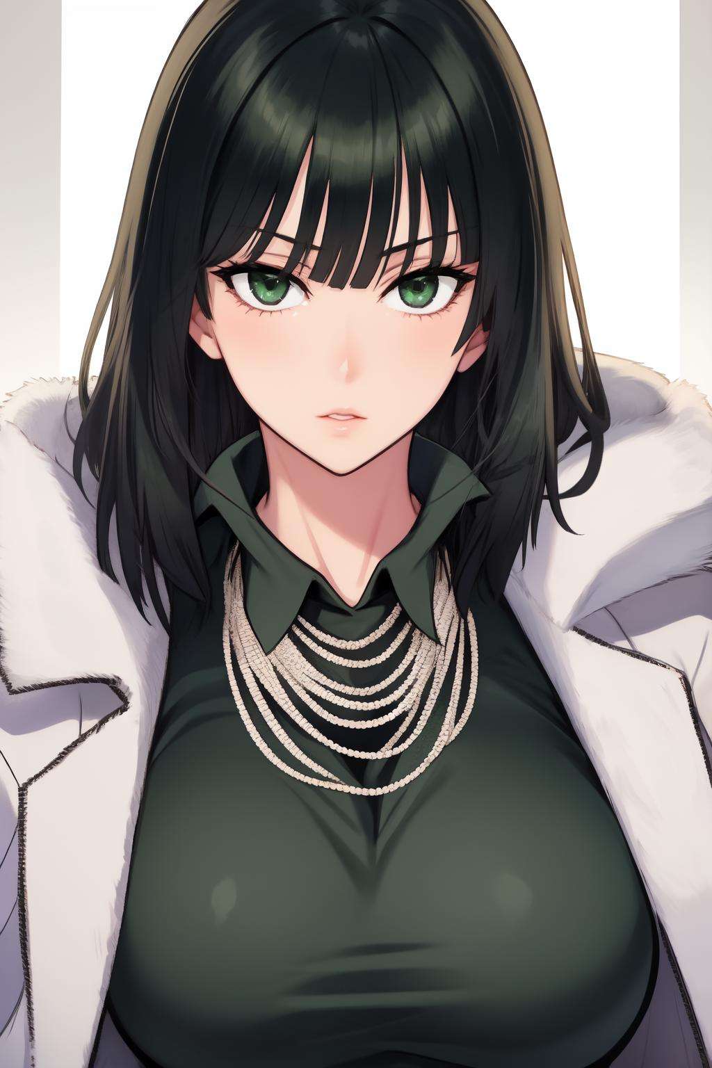 <lora:fubuki:1>fubuki\(one punch man\),1girl,solo, large breasts, green eyes, black hair,portrait, taut clothes, taut dress, fur trim, fur coat, necklace, looking at viewer, mature female, 