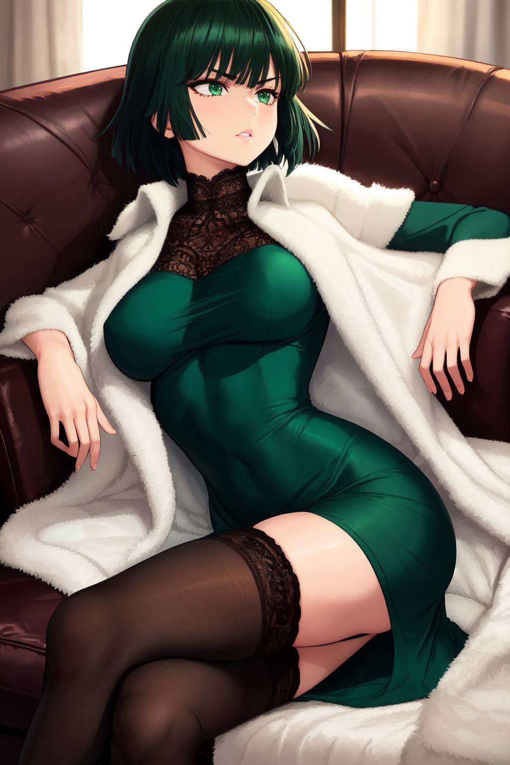 <lora:fubuki:1>fubuki\(one punch man\), coat, green eyes, solo, 1girl, parted lips, looking to the side, short hair, taut dress,  large breasts, crossed legs, green dress, couch, dark green hair, thighhighs, sitting, long sleeves,  thighs, lace-trimmed legwear, black thighhighs, fur coat