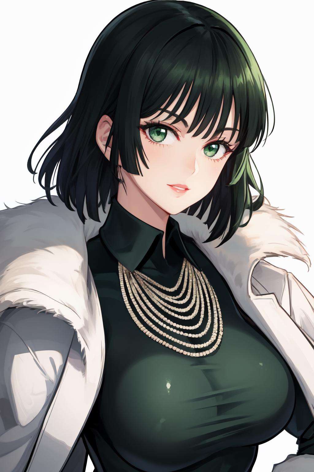 <lora:fubuki:1>fubuki\(one punch man\),1girl,solo, large breasts, green eyes, black hair,portrait, taut clothes, green dress, fur trim, fur coat, necklace, looking at viewer, mature female, white background, simple background, smile, parted lips, lipstick