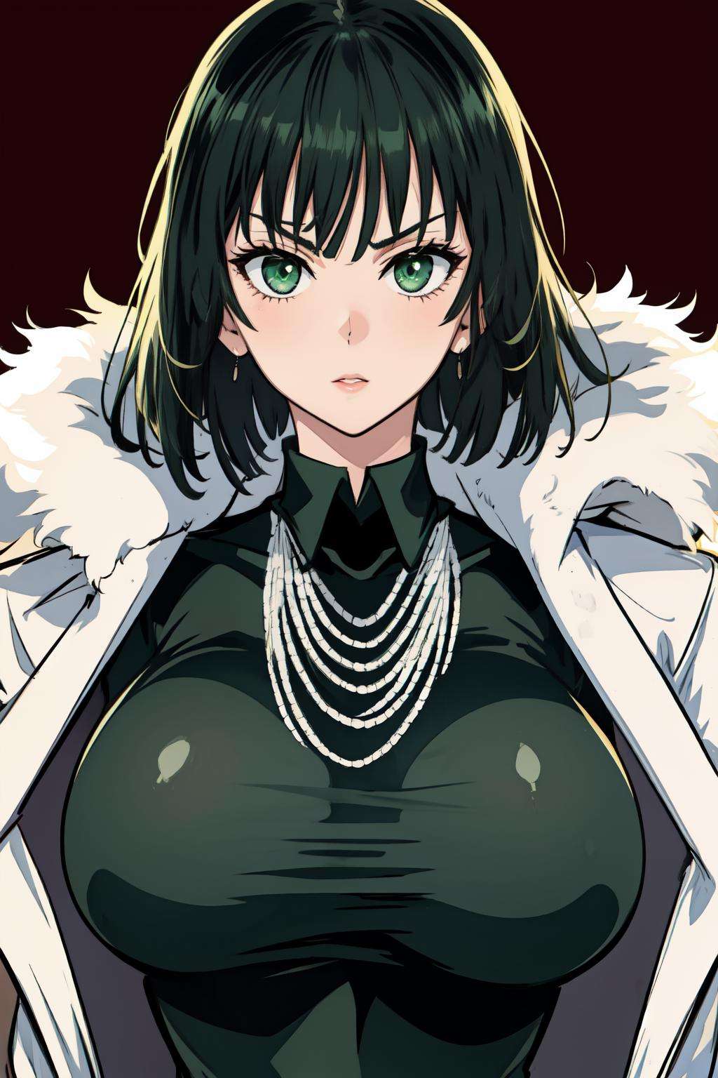 <lora:fubuki:1>fubuki\(one punch man\),1girl,solo, large breasts, green eyes, black hair,portrait, taut clothes, taut dress, fur trim, fur coat, necklace, looking at viewer, mature female, 