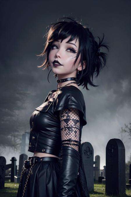 (black lipstick:1.4), a woman wearing a (goth outfit:1.3), (black heavy makeup:1.3), (goth punk:1.3), black choker, (raven black hair:1.1),  (8k, RAW photo, best quality, masterpiece:1.2), (realistic, photo-realistic:1.2), ultra-detailed, (high detailed skin:1.1), 8k uhd, dslr, soft lighting, high quality, film grain, Fujifilm XT3, professional lighting, photon mapping,  best quality, ultra high res, (photorealistic:1.1), (on a dark foggy graveyard:1.2) <lora:DI_belle_delphine_v1:1.0>