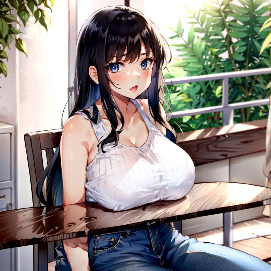 breast on table , breast rest ,1girl , large breast , tank top , bare shoulder , looking at viewer, naughty face, open mouth, sitting <lora:breast_on_table:1>, 