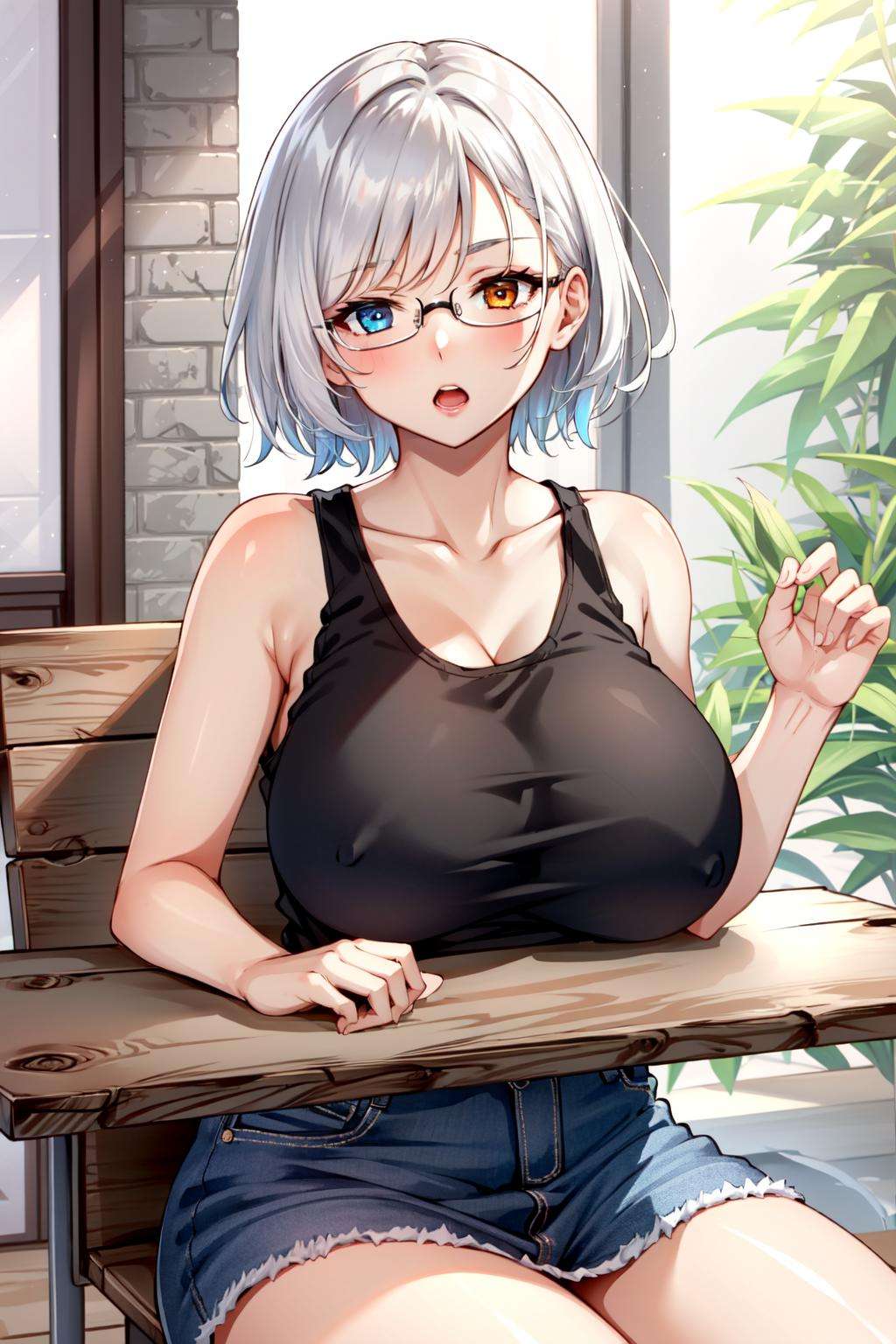 breast on table , breast rest ,1girl , large breast , tank top , bare shoulder , looking at viewer, naughty face, open mouth, sitting .grabbing own breast , short hair , glasses, white hair , heterochromia, <lora:breast_on_table:0.7>, 