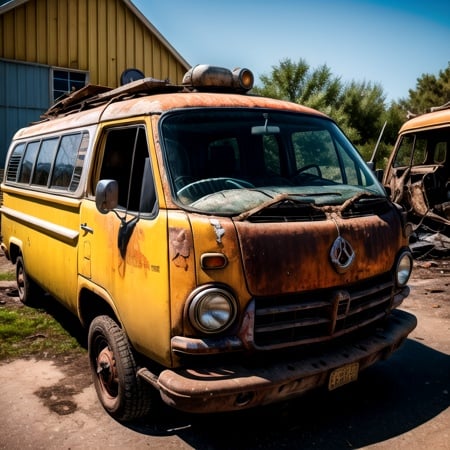 postapocalypse, photo of wrecked old van, natural lighting, 8k uhd, high quality, film grain, Fujifilm XT3 <lora:add_detail:1>   <lora:Elixir:1>