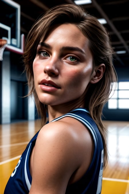 beautiful mature college girl, wearing basketball outfit, in basketball court, slim, petite, photorealistic, photo, masterpiece, realistic, realism, photorealism, high contrast, photorealistic digital art trending on Artstation 8k HD high definition detailed realistic, detailed, skin texture, hyper detailed, realistic skin texture, armature, best quality, ultra high res, (photorealistic:1.4),, high resolution, detailed, raw photo, sharp re, by lee jeffries nikon d850 film stock photograph 4 kodak portra 400 camera f1.6 lens rich colors hyper realistic lifelike texture dramatic lighting unrealengine trending on artstation cinestill 800,  <lora:add_detail:1>  