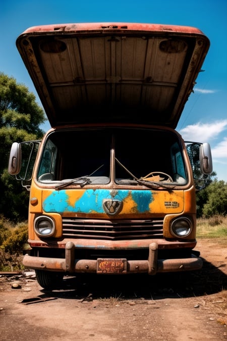 postapocalypse, photo of wrecked old van, natural lighting, 8k uhd, high quality, film grain, Fujifilm XT3 <lora:add_detail:1>   <lora:Elixir:1>