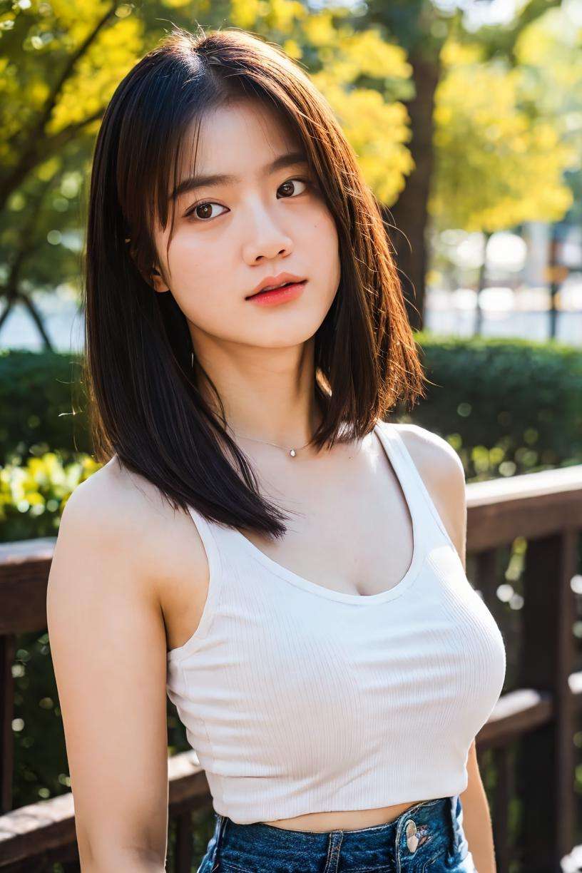 18 years old girl, (((at park))), (white tank top), jeans,  RAW photo, (photorealistic:1.37, realistic), highly detailed CG unified 8K wallpapers, 1girl, ((thick body:0.8)), (clevage, huge breasts:0.8), looking at viewer, (((straight from front))), (HQ skin:1.2, shiny skin), 8k uhd, dslr, soft lighting, high quality, film grain, Fujifilm XT3, (upper body:0.4) (professional lighting:1.6) ,  <lora:lordkayes_v1.0:0.9> lordkayes