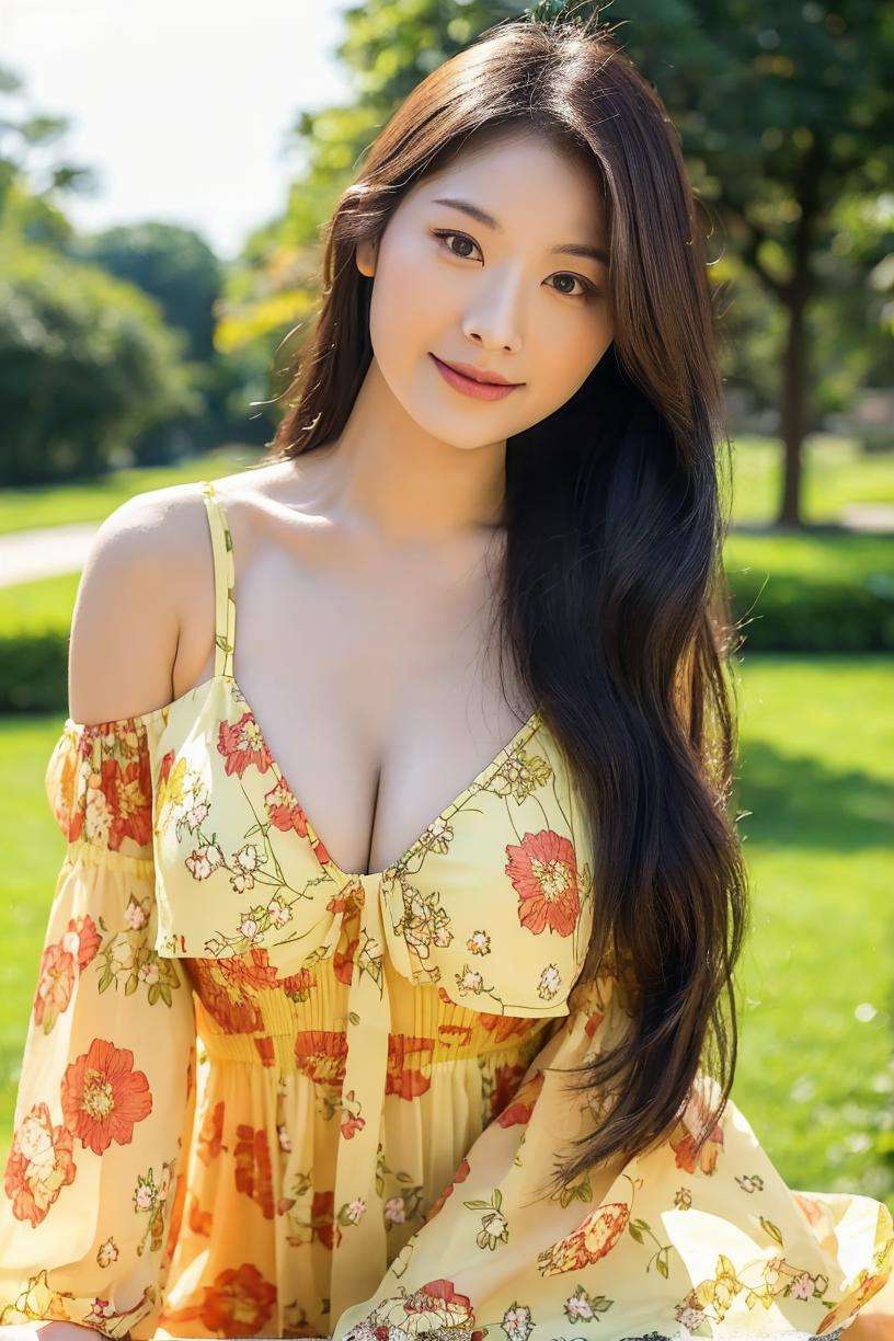 30 years old woman, milf, RAW photo,bokeh (photorealistic:1.4, realistic), highly detailed CG unified 8K wallpapers, 1girl, ((thick body:0.7)), (clevage, huge breasts:1.2), looking at viewer, ((straight from front)), (HQ skin:1.4), 8k uhd, dslr, soft lighting, high quality, film grain, Fujifilm XT3, ((((full body:0.8)))), ((yellow floral dress)), (((outdoor, at park))) <lora:regienashaelynne_v1:0.8> regienashaelynne