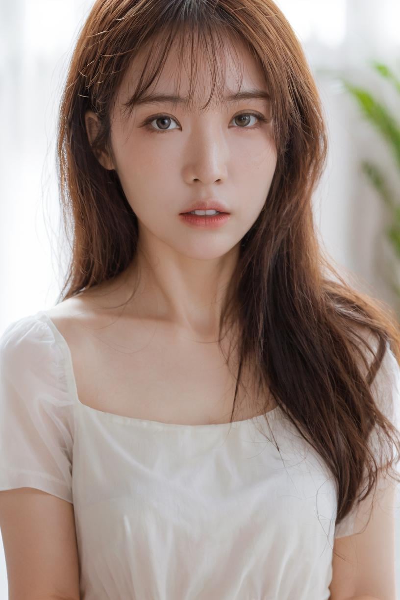 25 years old woman, bokeh, (photorealistic:1.4, realistic), highly detailed CG unified 8K wallpapers, 1girl, ((slender body:1)),  looking at viewer, (HQ skin:1.4), 8k uhd, dslr, soft lighting, high quality, film grain, Fujifilm XT3, (((upper body:1.4))), ((((white short sleeves dress)))), (((indoor room , morning))),   <lora:rinajvlog-V1:0.8> (long hair)