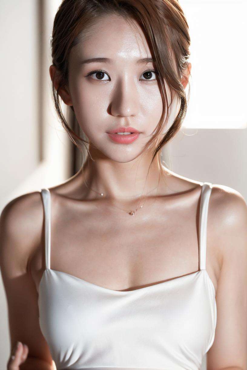 25 years old woman, bokeh, (photorealistic:1.4, realistic),1girl, ((slender body:0.8)) ((large breasts:0.8)),  looking at viewer, (HQ skin:1.4), ((((white dress)))), ((indoor room , bright morning, white background)),  <lora:kimlemon-V1:0.8>