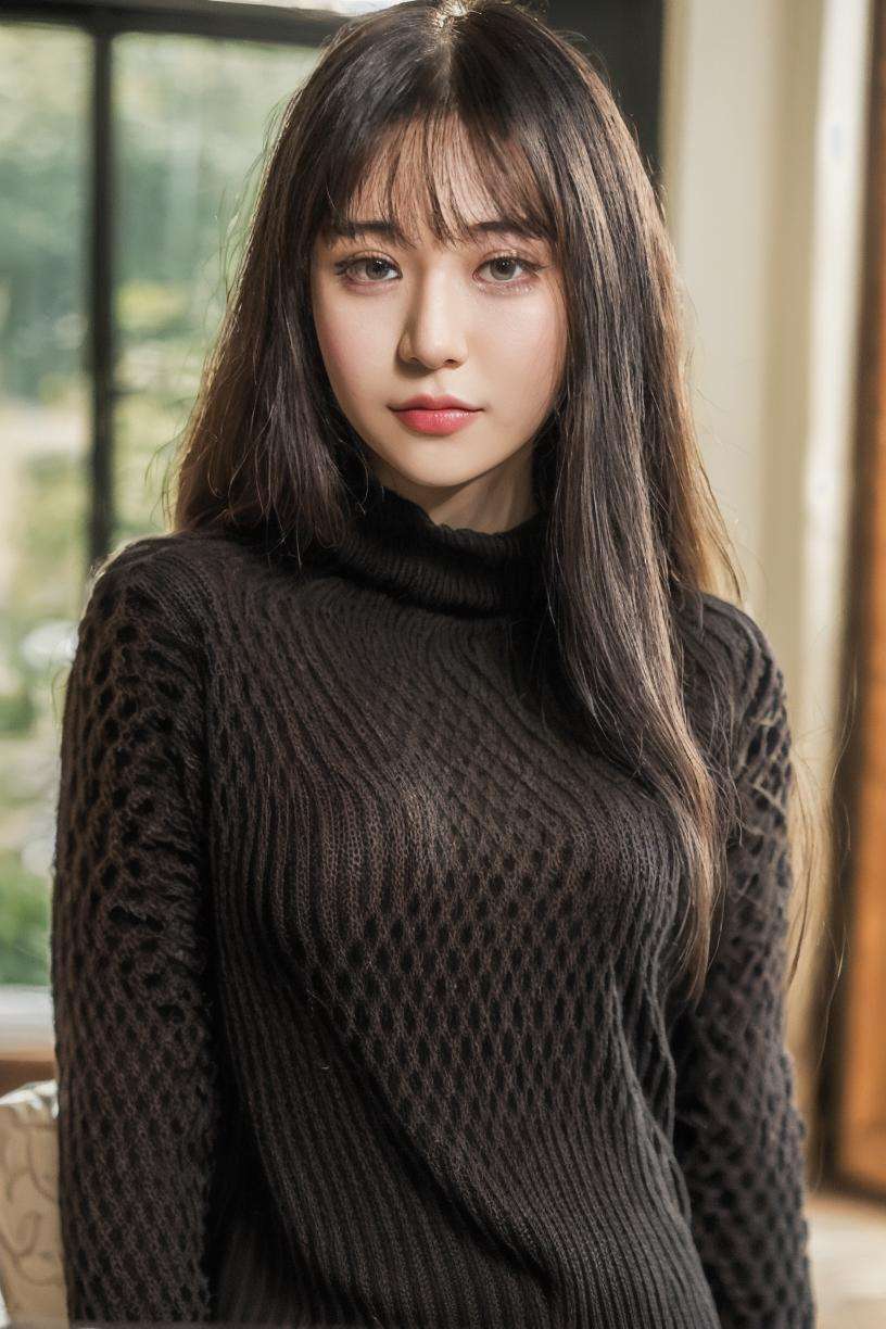 25 years old woman, bokeh, (photorealistic:1.4, realistic), highly detailed CG unified 8K wallpapers, 1girl, ((slender body:1.2)), looking at viewer, (HQ skin:1.4), 8k uhd, dslr, soft lighting, high quality, film grain, Fujifilm XT3,(((black sweater))), (((indoor at room))), <lora:minharin-V1:0.75> ((black hair, hair bangs))