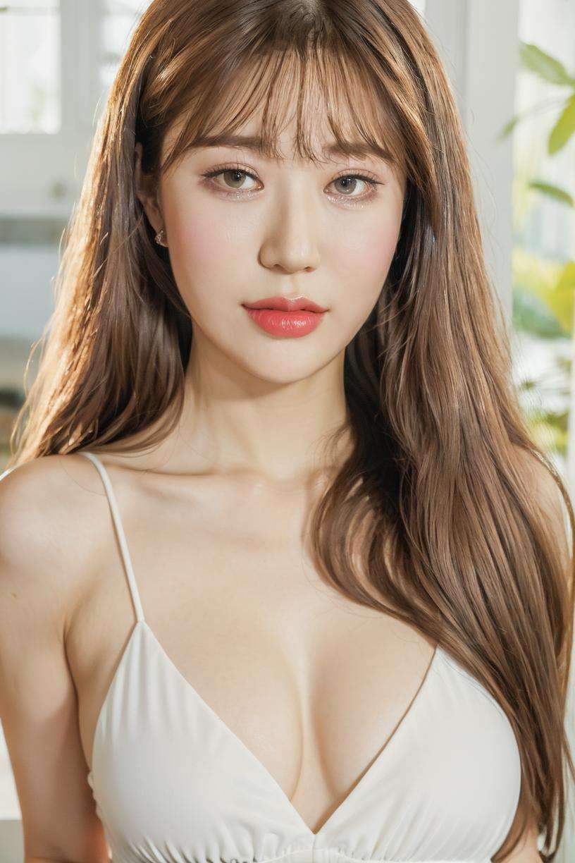 25 years old woman, bokeh, (photorealistic:1.4, realistic), highly detailed CG unified 8K wallpapers, 1girl, ((slender body:1.2)), ((large breasts:1.2)) looking at viewer, (HQ skin:1.4), 8k uhd, dslr, soft lighting, high quality, film grain, Fujifilm XT3, (((full body:0.8))),((white dress)), (((white background, indoor room))), <lora:minharin-V1:0.8> ((black hair, hair bangs))