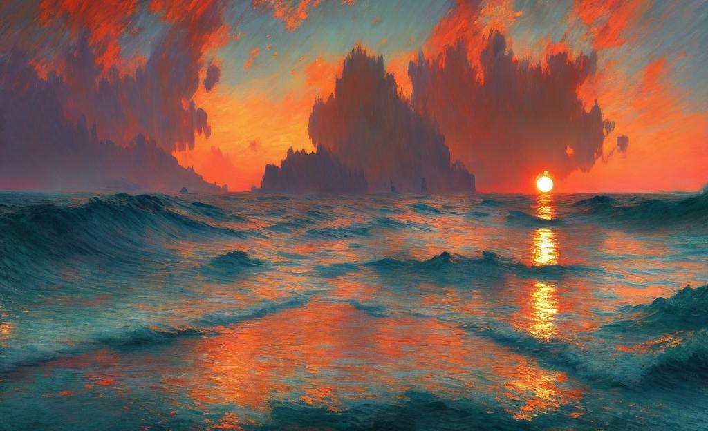 Analog style, ChromaV5,nvinkpunk,(extremely detailed CG unity 8k wallpaper), A Landscape of an endless ocean with deep blue waters, the sun setting behind the horizon casting a orange and pink glow on the water,award winning photography, Chromatic Aberration, Detailed , HDR, Bloom, impressionist style with brushstrokes depicting the movement of the water, by Monet and Turner ,trending on ArtStation, trending on CGSociety, art by midjourney