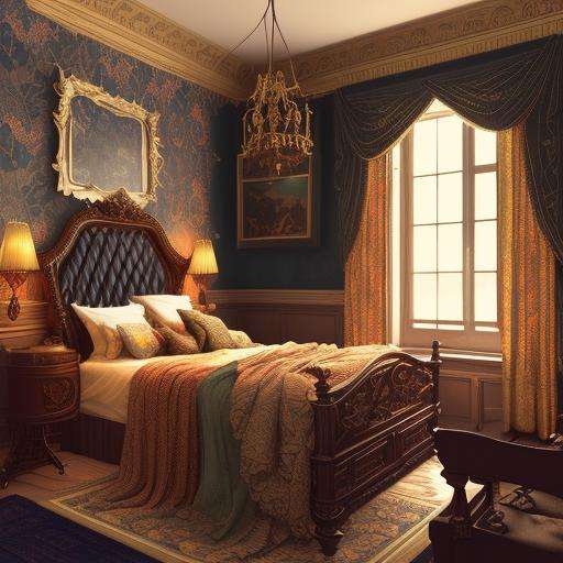 Analog style, ChromaV5, nvinkpunk,(extremely detailed CG unity 8k wallpaper), An Illustration of a Victorian bedroom, bed with ornate carvings and plush velvet drapes, and elegant furnishings such as a chaise lounge and a writing desk, color palette is rich and warm, HDR,bloom,majestic oil paiting by John Singer Sargent, John Everett Millais, William Morris, trending on artstation, trending on CGsociety, Intricate, High Detail, dramatic, art by midjourney