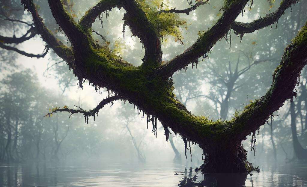 Analog style, ChromaV5, nvinkpunk,(extremely detailed CG unity 8k wallpaper), A Landscape of a murky and ominous swamp, the water is still and dark, the trees are twisted and gnarled, with moss hanging from the branches, a thick mist hangs in the air, the feeling of unease is palpable, oil paiting, award winning photography, Bokeh, Depth of Field, HDR, bloom, Chromatic Aberration ,Photorealistic,extremely detailed, trending on artstation, trending on CGsociety, Intricate, High Detail, dramatic, art by midjourne