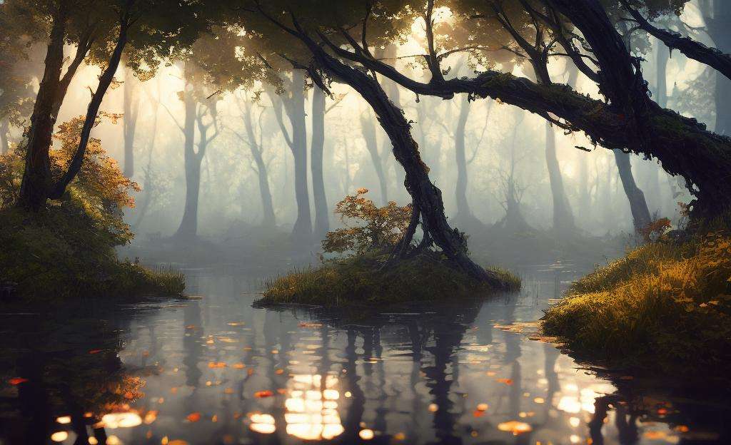 Analog style, ChromaV5, nvinkpunk,(extremely detailed CG unity 8k wallpaper), A Landscape of a murky and ominous swamp, the water is still and dark, the trees are twisted and gnarled, with moss hanging from the branches, a thick mist hangs in the air, the feeling of unease is palpable, oil paiting, award winning photography, Bokeh, Depth of Field, HDR, bloom, Chromatic Aberration ,Photorealistic,extremely detailed, trending on artstation, trending on CGsociety, Intricate, High Detail, dramatic, art by midjourne