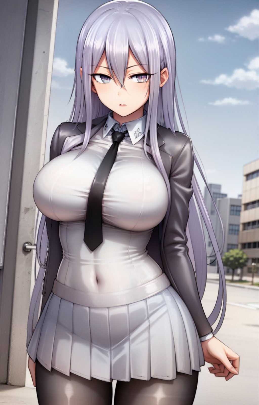 masterpiece, best quality, best aesthetic, anime, ultra detailed,nizomi, [1girl:(long hair, greyish purple hair, hair between eyes, large breasts, wide hips:1.4):1.0], (black tie, necktie:1.3), (school uniform, grey jacket, white shirt:1.3), (pleated skirt, grey skirt:1.3), (black pantyhose:1.3), standing, cowboy shot, looking at viewer, walking, street, clouds, outdoors, day, blue sky, buildings, <lora:Nizomi_OC-06:1:ALL>