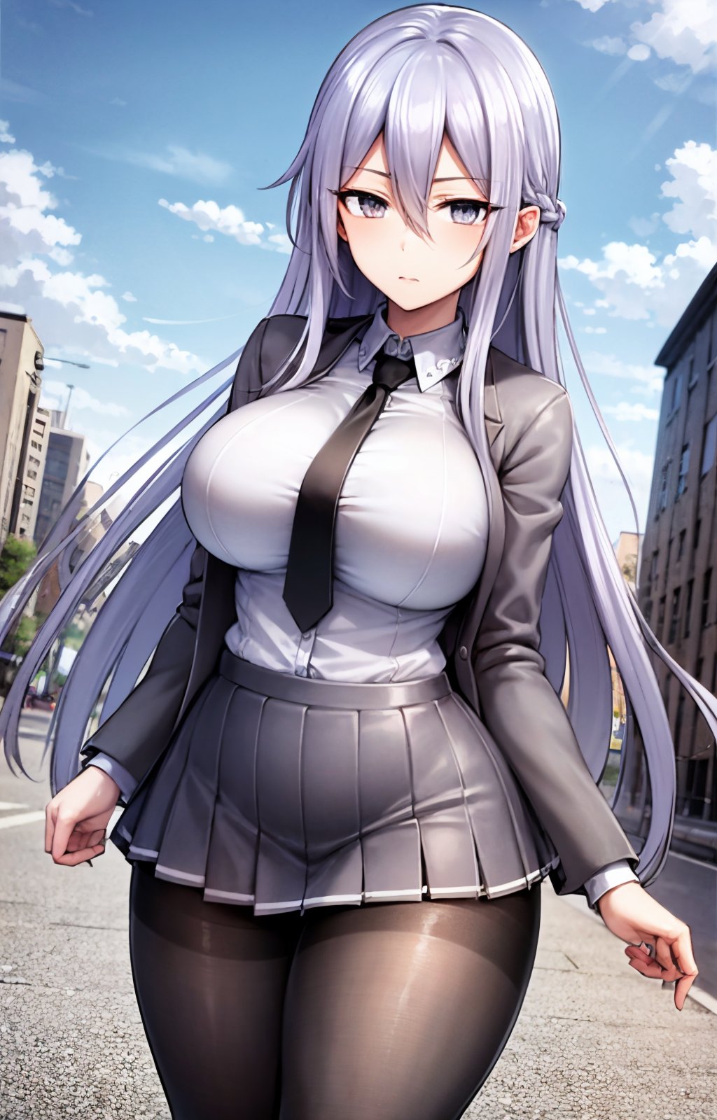 masterpiece, best quality, best aesthetic, anime, ultra detailed,nizomi, [1girl:(long hair, greyish purple hair, hair between eyes, large breasts, wide hips:1.4):1.0], (school uniform, grey jacket, closed jacket:1.3), (black tie, necktie:1.3), (white shirt:1.3), (pleated skirt, grey skirt:1.3), (black pantyhose:1.3), standing, cowboy shot, looking at viewer, walking, street, clouds, outdoors, day, blue sky, buildings, <lora:Nizomi_OC-06:0.7:ALL>