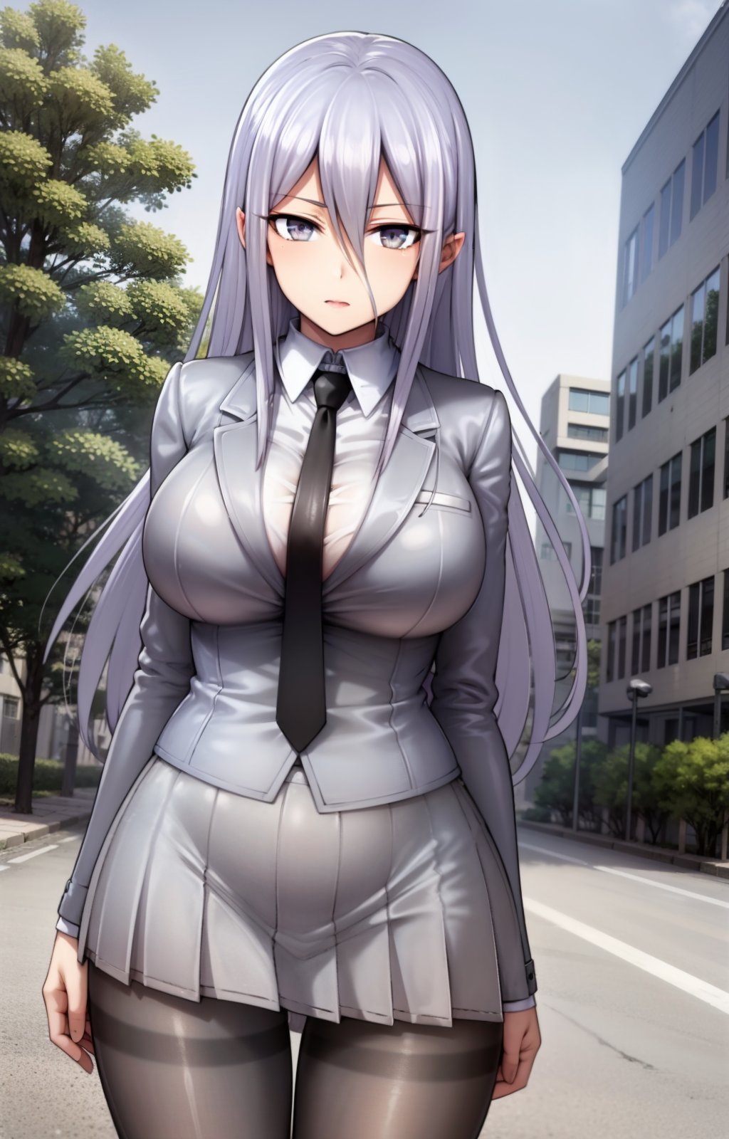 masterpiece, best quality, best aesthetic, anime, ultra detailed,nizomi, [1girl:(long hair, greyish purple hair, hair between eyes, large breasts, wide hips:1.4):1.0], (school uniform, grey jacket, white shirt, black tie, necktie:1.3), (pleated skirt, grey skirt, black pantyhose:1.3), standing, cowboy shot, looking at viewer, walking, street, clouds, outdoors, day, blue sky, buildings, <lora:Nizomi_OC-06:0.9:ALL>