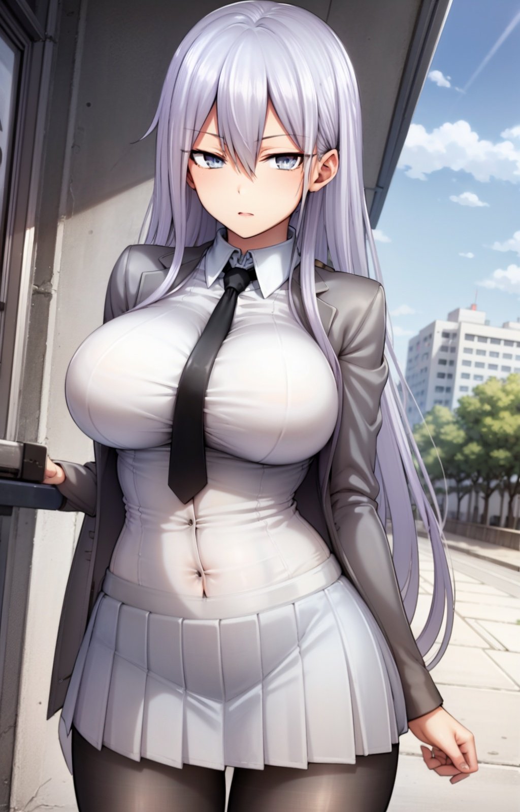 masterpiece, best quality, best aesthetic, anime, ultra detailed,nizomi, [1girl:(long hair, greyish purple hair, hair between eyes, large breasts, wide hips:1.4):1.0], (black tie, necktie:1.3), (school uniform, grey jacket, white shirt:1.3), (pleated skirt, grey skirt:1.3), (black pantyhose:1.3), standing, cowboy shot, looking at viewer, walking, street, clouds, outdoors, day, blue sky, buildings, <lora:Nizomi_OC-08:0.9:ALL>