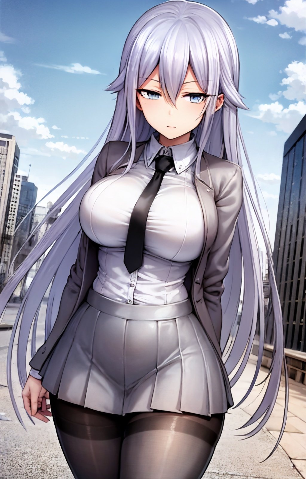 masterpiece, best quality, best aesthetic, anime, ultra detailed,nizomi, [1girl:(long hair, greyish purple hair, hair between eyes, large breasts, wide hips:1.4):1.0], (school uniform, grey jacket, closed jacket:1.3), (black tie, necktie:1.3), (white shirt:1.3), (pleated skirt, grey skirt:1.3), (black pantyhose:1.3), standing, cowboy shot, looking at viewer, walking, street, clouds, outdoors, day, blue sky, buildings, <lora:Nizomi_OC-08:0.9:ALL>