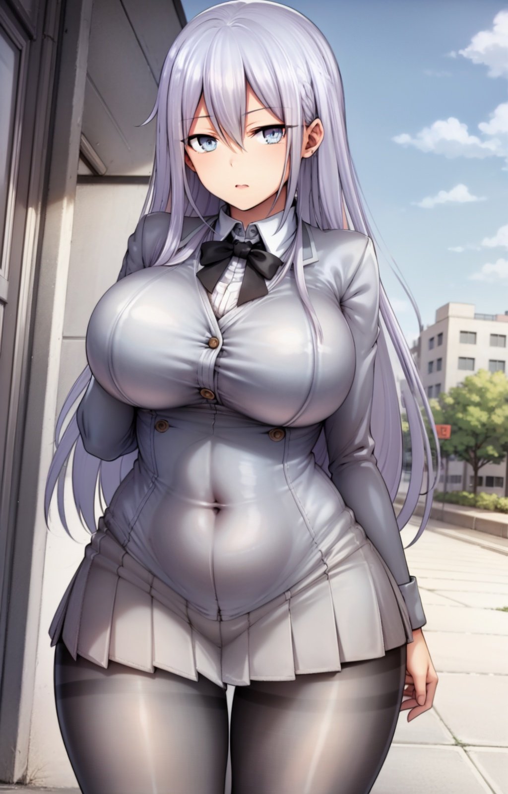 masterpiece, best quality, best aesthetic, anime, ultra detailed,nizomi, [1girl:(long hair, greyish purple hair, hair between eyes, large breasts, wide hips:1.4):1.0], (school uniform, grey jacket, white shirt, black tie:1.3), (pleated skirt, grey skirt, black pantyhose:1.3), standing, cowboy shot, looking at viewer, walking, street, clouds, outdoors, day, blue sky, buildings, <lora:Nizomi_OC-08:1:ALL>