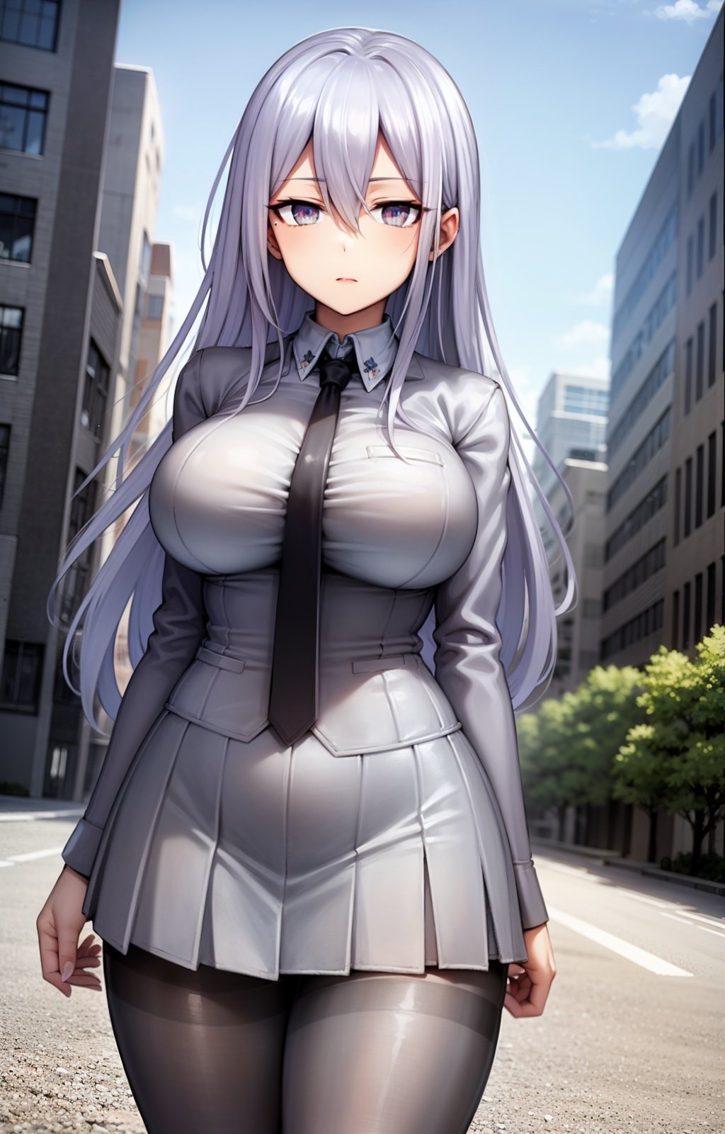 masterpiece, best quality, best aesthetic, anime, ultra detailed,nizomi, [1girl:(long hair, greyish purple hair, hair between eyes, large breasts, wide hips:1.4):1.0], (school uniform, grey jacket, white shirt, black tie, necktie:1.3), (pleated skirt, grey skirt, black pantyhose:1.3), standing, cowboy shot, looking at viewer, walking, street, clouds, outdoors, day, blue sky, buildings, <lora:Nizomi_OC-08:0.7:ALL>