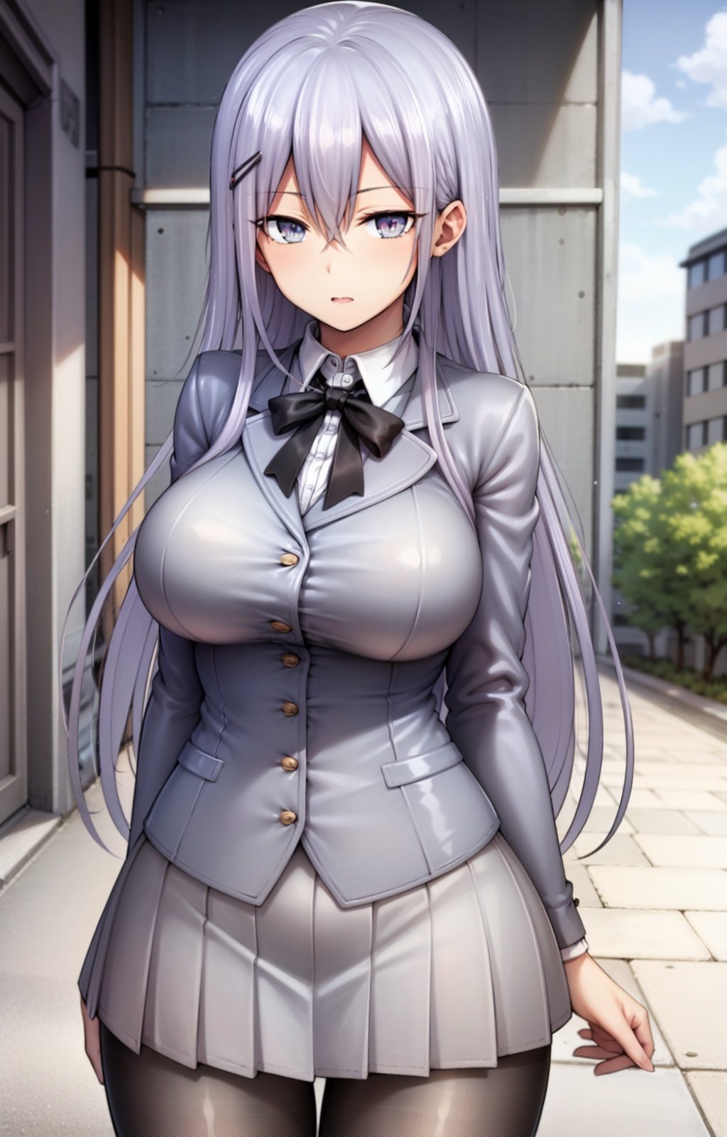 masterpiece, best quality, best aesthetic, anime, ultra detailed,nizomi, [1girl:(long hair, greyish purple hair, hair between eyes, large breasts, wide hips:1.4):1.0], (school uniform, grey jacket, white shirt, black tie:1.3), (pleated skirt, grey skirt, black pantyhose:1.3), standing, cowboy shot, looking at viewer, walking, street, clouds, outdoors, day, blue sky, buildings, <lora:Nizomi_OC-09:0.8:ALL>