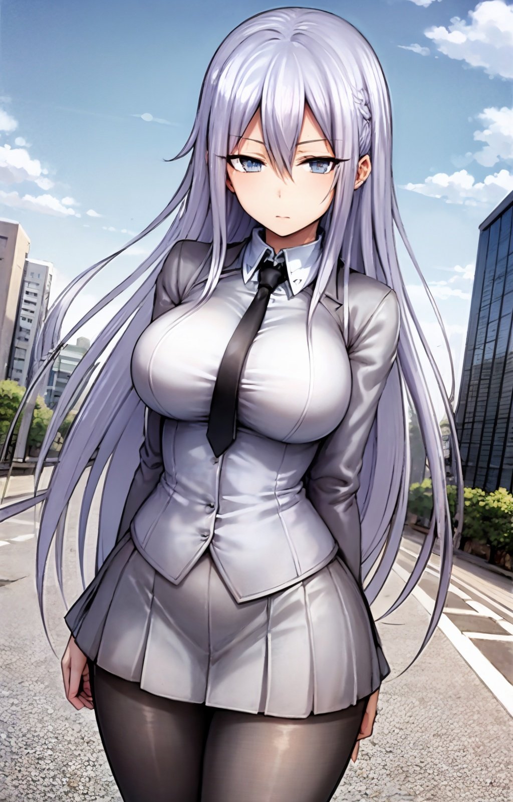 masterpiece, best quality, best aesthetic, anime, ultra detailed,nizomi, [1girl:(long hair, greyish purple hair, hair between eyes, large breasts, wide hips:1.4):1.0], (school uniform, grey jacket:1.3), (closed jacket:1.3), (black tie, necktie:1.3), (white shirt:1.3), (pleated skirt, grey skirt:1.3), (black pantyhose:1.3), standing, cowboy shot, looking at viewer, walking, street, clouds, outdoors, day, blue sky, buildings, <lora:Nizomi_OC-09:0.9:ALL>