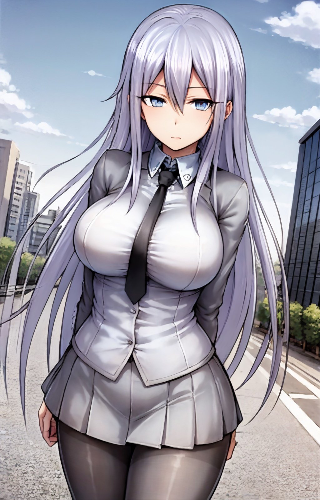 masterpiece, best quality, best aesthetic, anime, ultra detailed,nizomi, [1girl:(long hair, greyish purple hair, hair between eyes, large breasts, wide hips:1.4):1.0], (school uniform, grey jacket, closed jacket:1.3), (black tie, necktie:1.3), (white shirt:1.3), (pleated skirt, grey skirt:1.3), (black pantyhose:1.3), standing, cowboy shot, looking at viewer, walking, street, clouds, outdoors, day, blue sky, buildings, <lora:Nizomi_OC-09:1:ALL>