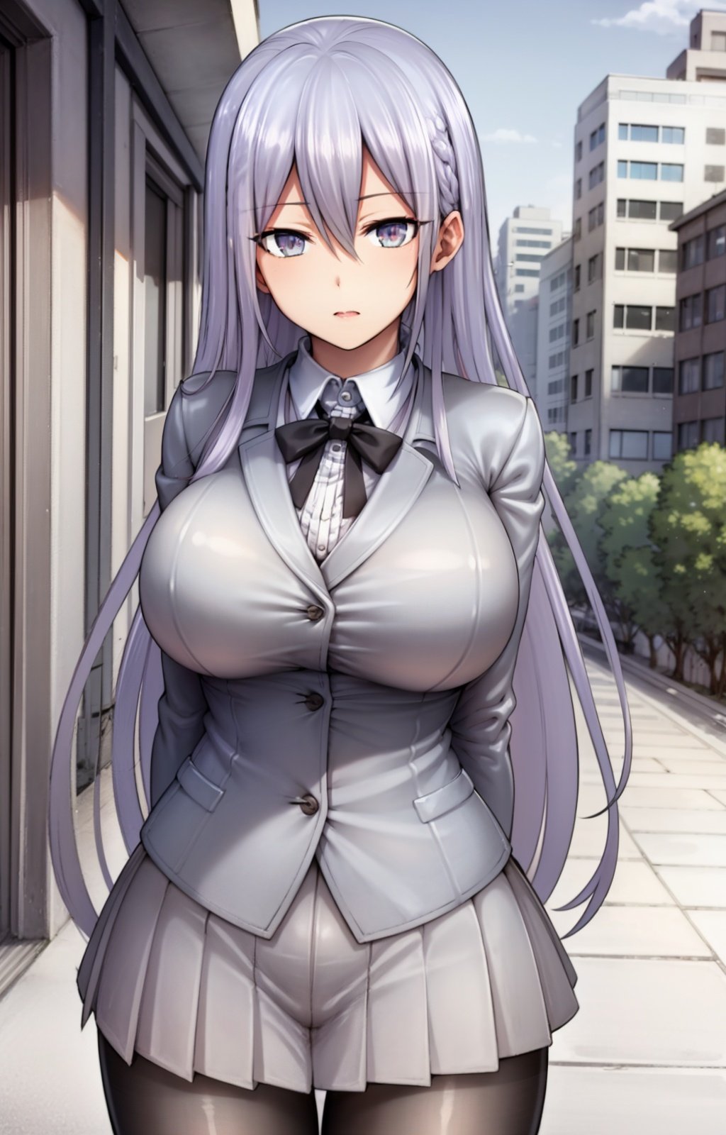 masterpiece, best quality, best aesthetic, anime, ultra detailed,nizomi, [1girl:(long hair, greyish purple hair, hair between eyes, large breasts, wide hips:1.4):1.0], (school uniform, grey jacket, white shirt, black tie:1.3), (pleated skirt, grey skirt, black pantyhose:1.3), standing, cowboy shot, looking at viewer, walking, street, clouds, outdoors, day, blue sky, buildings, <lora:Nizomi_OC-09:0.9:ALL>