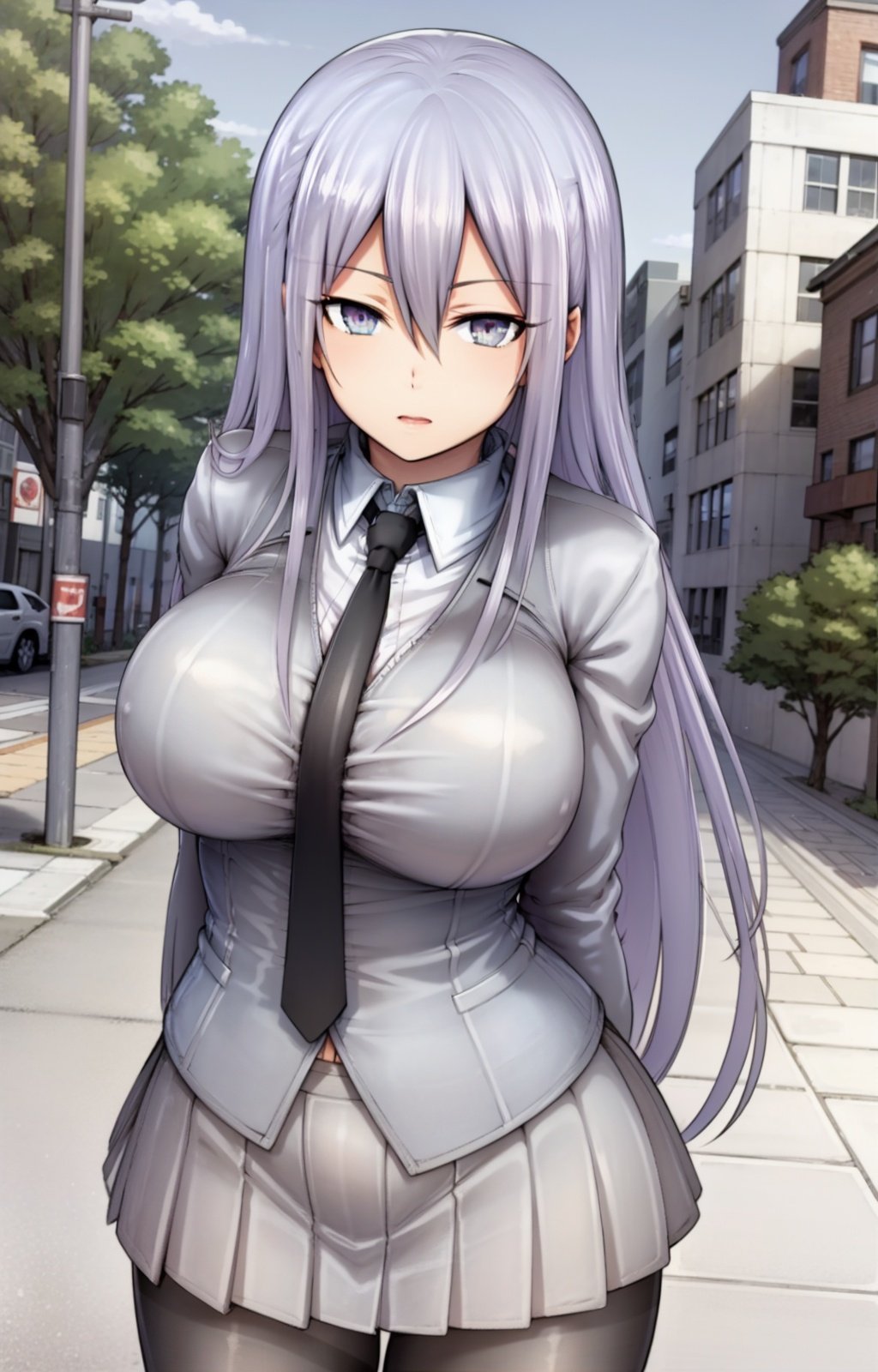 masterpiece, best quality, best aesthetic, anime, ultra detailed,nizomi, [1girl:(long hair, greyish purple hair, hair between eyes, large breasts, wide hips:1.4):1.0], (school uniform, grey jacket:1.3), (black tie, necktie:1.3), (white shirt:1.3), (pleated skirt, grey skirt:1.3), (black pantyhose:1.3), standing, cowboy shot, looking at viewer, walking, street, clouds, outdoors, day, blue sky, buildings, <lora:Nizomi_OC-09:1:ALL>